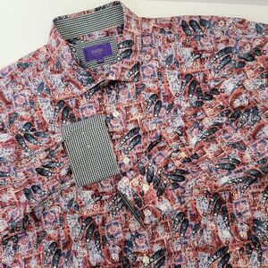 Tallia Mens Multicolor Cotton Floral & Paisely w/Check Trim AOP LS Shirt L 16.5